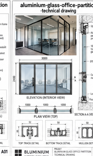 Technical drawing of aluminium glass office partition in Umhlanga